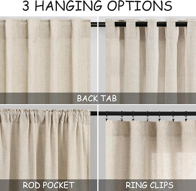 Extra Long Curtain 38x108 inches Long 2 Panels Set Back Tab Beige Linen Drapes for Living Room Neutral Farmhouse Light Filtering Semi Sheer Linen Curtains 108 inch Length for Large Window 9 FT Tall