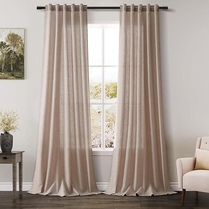 Oatmeal Linen Curtains 108 Inches Long 2 Panels Set for Living Room Back Tab Pocket Semi Sheer Modern Minimalist Extra Long Linen Curtain Light Filtering Ceiling Drapes for Large Window 40x108