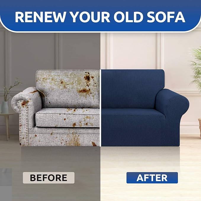 KEKUOU Stretch Loveseat Sofa Cover Slipcover,Couch Covers for 2 Cushion Couch Sofa (55"-78") Furniture Protector Sofa with Elastic Bottom for Kids,Dog. Jacquard Small Checked (Medium,Navy Blue)