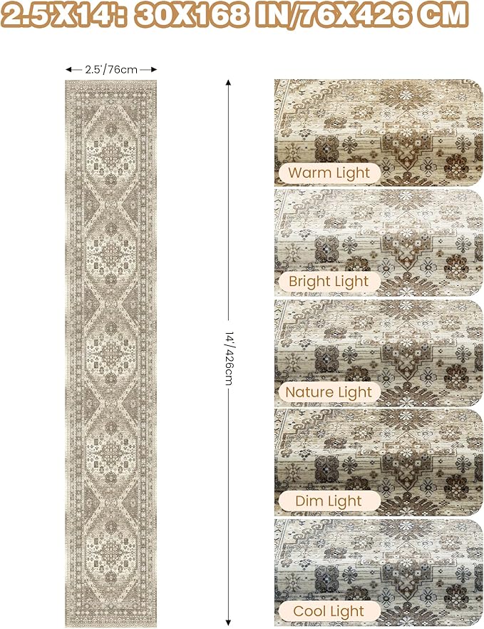 Washable Runner Rug 2.5x14, Non-Slip Long Kitchen Mats for Floor, Vintage Rug for Entryway, Soft Hallway Runner for Dining Room, Bedroom, Living Room(Brown,2.5'x14')