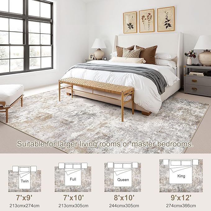 UERMEI 7x10 Area Rug Living Room Rugs - Washable Neutral Modern Abstract Soft Thin Large Rug Indoor Floor No Slip Rug Carpet for Bedroom Under Dining Table Home Office Decor - Brown Grey