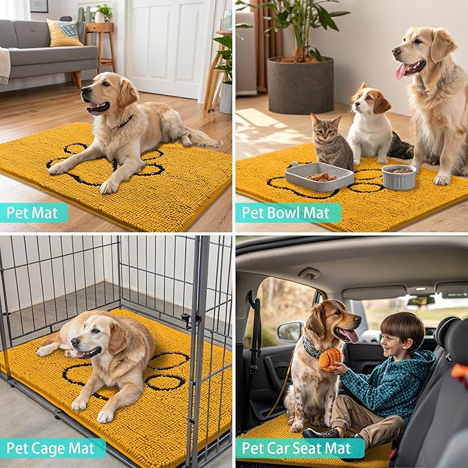 Smiry Dog Door Mat for Muddy Paws, Absorbent Dirt Trapper Non Slip Quick Dry Washable Chenille Mat for Mud Dogs, Entry Rug for Indoor and Outdoor (30x20 Inches, Golden Yellow and Black)
