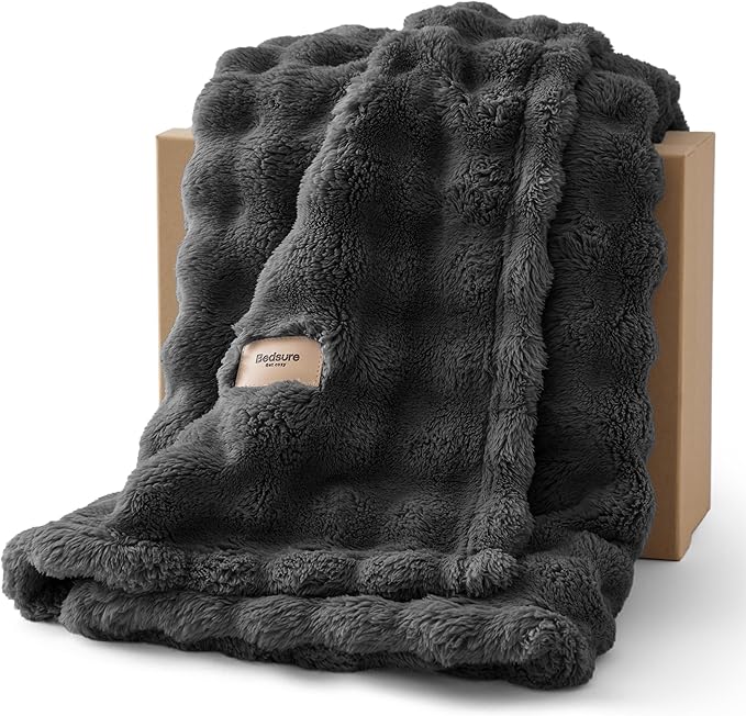 Bedsure 3D Fleece Bubble Blanket for Couch - GentleSoft Grey Twin Blanket for Sofa Bed Room Decor - Luxury Soft Cozy Gifts for Kids, Lightweight, All Seasons, Dark Grey, 60"×80"
