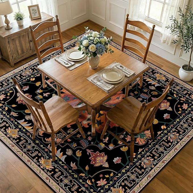 RELEANY Area Rugs Square 8ft Washable Non-Slip, Floral Vintage Distress Print Pattern Medallion Carpet for Living Room Bedroom Dining Room, Black Colorful Floral Dark Tan