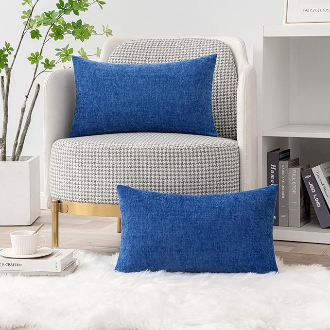 MIULEE Pack of 2 Couch Throw Pillow Covers 12x20 Inch Soft Royal Blue Chenille Lumbar Pillow Covers for Sofa Living Room Solid Dyed Cases
