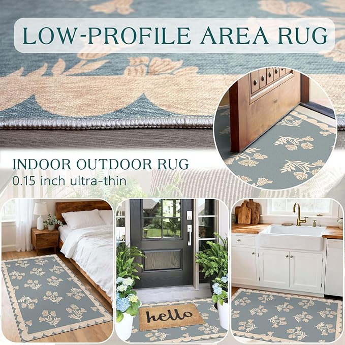 Floral Outdoor Rug - 28" x 43" Front Door Mat Indoor Outside Entrance Non-Slip Washable Outdoor Mat Blue Farmhouse Scalloped Rug for Entryway Kitchen Bedroom Layered Doormat for Front Porch