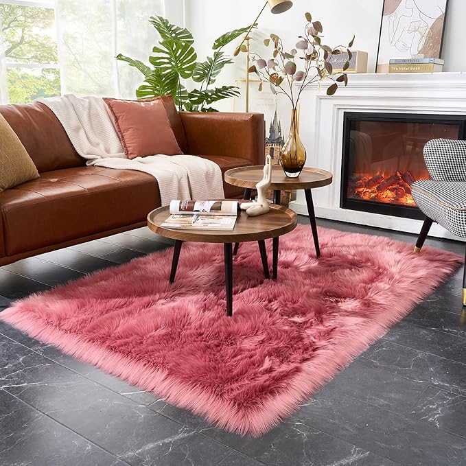 EasyJoy Ultra Soft Fluffy Shaggy Area Rug Faux Fur Rug Chair Cover Seat Pad Fuzzy Area Rug for Bedroom Floor Sofa Living Room (4 x 6 ft Rectangle, BlushPink)