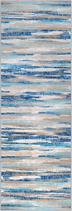 Lansny Modern Abstract Runner Rug 3x8, Blue Washable Kitchen Runner Non-Slip Soft Hallway Rug Runner Thin Print Faux Wool Carpet for Entryway Bedroom Laundry Room Indoor Home Office Decor