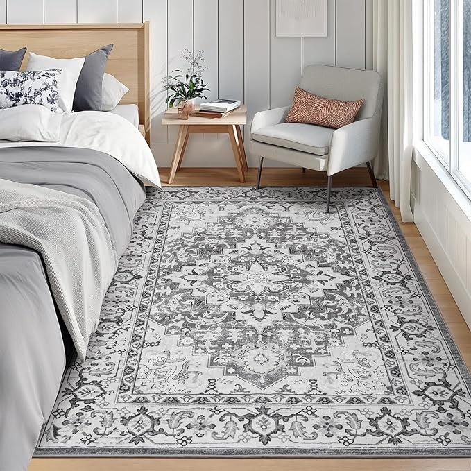 Lofus 5x7 Area Rugs for Living Room, Washable Area Rug, Rugs for Bedroom, Kitchen, Vintage Boho Carpet, Soft Non-Slip, Low Pile Large Area Rug for Office Dining Room, Floral Grey