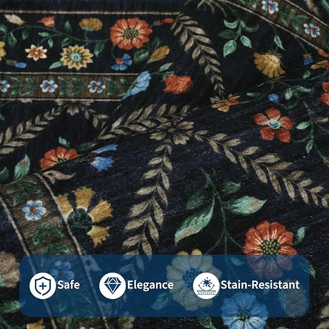 GarveeHome 8x10 Washable Large Living Room Rug Water Resistant Distressed Vintage Floral Rug Non Slip Low Pile Soft for Bedroom Farmhouse Dining Room Kids Playroom Nursery Navy&Black
