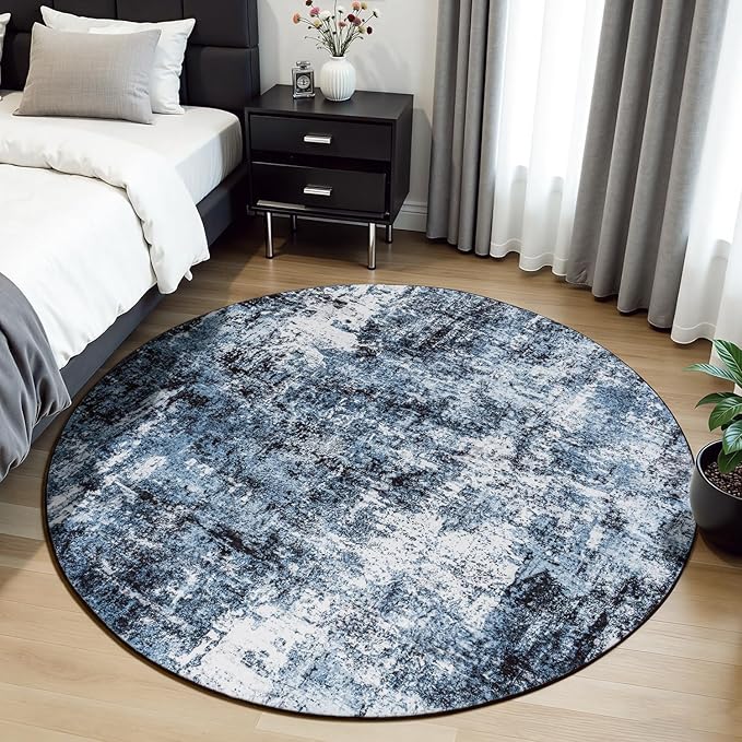 Rugflix Round Area Rugs 4Ft for Living Room, 4x4 Washable Rug Stain-Resistant Low Pile, Modern Dark Carpet for Dining Room Home Office Kid Room Nursery Bedroom, Navy Blue/Black
