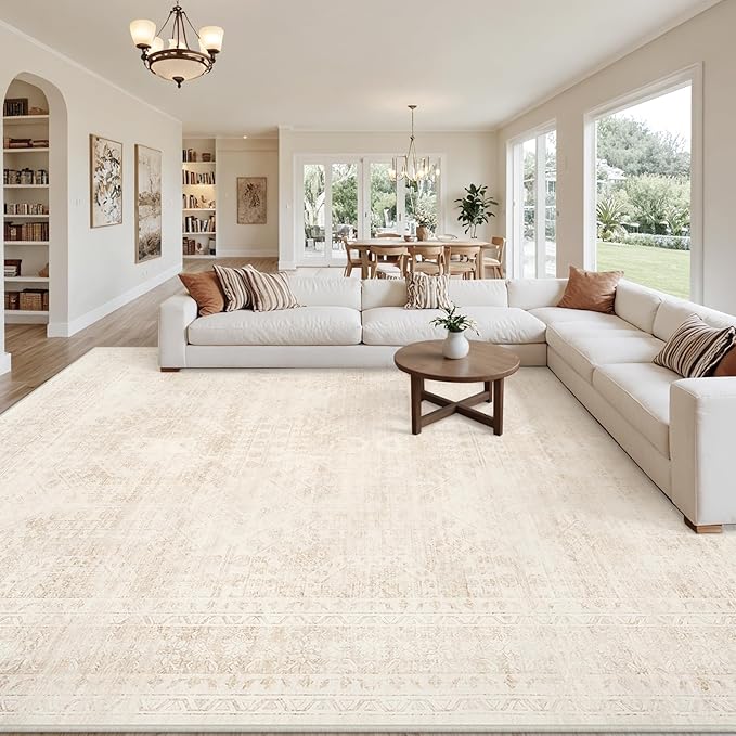 Area Rugs 9x12 Living Room: Vintage Boho Neutral Washable Rug Indoor Soft Large Area Rug Carpet for Bedroom Nursery Farmhouse Dining Room Office Floor Non-Slip Low Pile Under Table Rug Beige