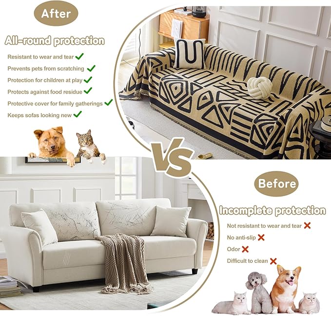 HANDONTIME Boho Geometric Couch Covers for Sofa Pet Friendly Taupe and Black Sofa Covers Washable Chenille Couch Blanket Cover for 2 3 Cushion Couches Pet Protector Furniture Cover Soft, 71" X 118"