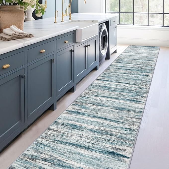 KOZYFLY Modern Abstract Hallway Runner Rug, 2.6x18 Washable Rug Runner Non-Slip Soft Striped Stair Runner Rugs, Print Blue Carpet Runner for Kitchen Entryway Bathroom Laundry Room Foyer