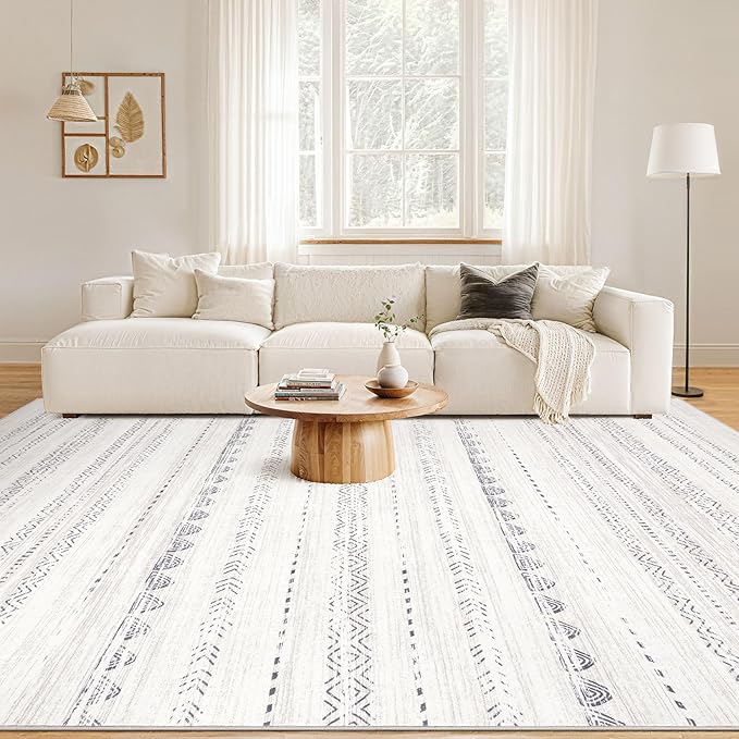 Nakagishi Area Rugs 9x12 Living Room: Washable Boho Large Neutral Modern Soft Farmhouse Rug Stain Resistant Indoor Non-Slip Accent Carpet for Bedroom Nursery Kids Playroom Office Dining Room- Gray