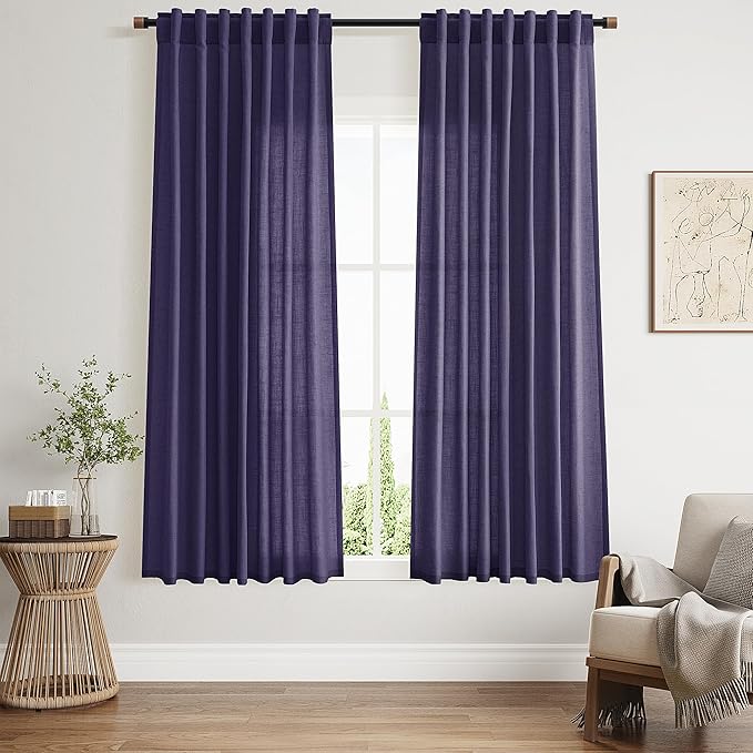 Purple Curtains 63 Inches Long 2 Panel Sets for Living Room Bedroom, Light Filtering Linen Drapes for Kitchen Windows Rod Pocket or Back Tab Curtain,Semi Sheer 52x63
