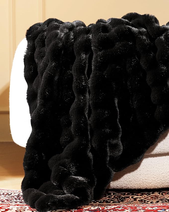 Ultra Soft Cozy Faux Fur Throw Blanket, Fuzzy Plush Thick Bubble Blanket, Oversize Luxury Fluffy Blanket for Couch, Bed, and Living Room, 60x80 Inches, Black