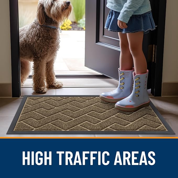 OLANLY Front Door Mat Indoor Outdoor Entrance, Waterproof All-Season, All-Weather Doormat, Sturdy Natural Rubber, Low Profile, Easy Clean Patio Porch Entryway Mat, Herringbone Brick (Brown, 47x17)