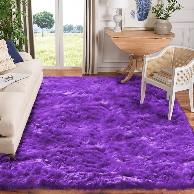 Goolela Purple Area Rug 8x10 Fluffy Fuzzy Furry Carpet for Bedroom Living Room Faux Sheepskin Fur Shaggy Rectangle