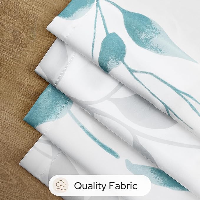 HOMEIDEAS Non-See-Through Teal and White Privacy Sheer Curtains 52 X 63 Inch Length 2 Panels, Leaf Floral Printed Light Filtering Semi Sheer Window Curtains Drapes for Bedroom Living Room