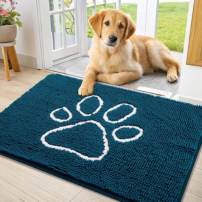 Smiry Dog Door Mat for Muddy Paws, Absorbent Dirt Trapper Non Slip Quick Dry Washable Chenille Mat for Mud Dogs, Entry Rug for Indoor and Outdoor (36x24 Inches, Atlantic Blue and White)