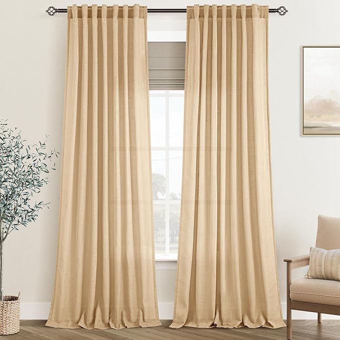 Tan Linen Curtains 90 inches Long for Living Room Back Tab Rustic Farmhouse Semi Sheer Light Filtering Window Curtain Dining Room Soft Thick Flax Linen Textured Drapes Kahki 52x90
