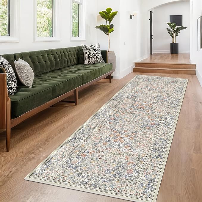 Vintage Beige Blue 3x12 Runner Rug for Hallway, Kitchen, Bathroom, Entryway Indoor, Washable Non Slip Rubber Backing Stain Resistant - Botanical Home Decor