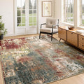 Washable Area Rugs 4'x5' Non-Slip Modern Abstract Soft for Living Room Entryway Bedroom Nursery, Print Pattern, Brown Rust Red Green Blue Multi