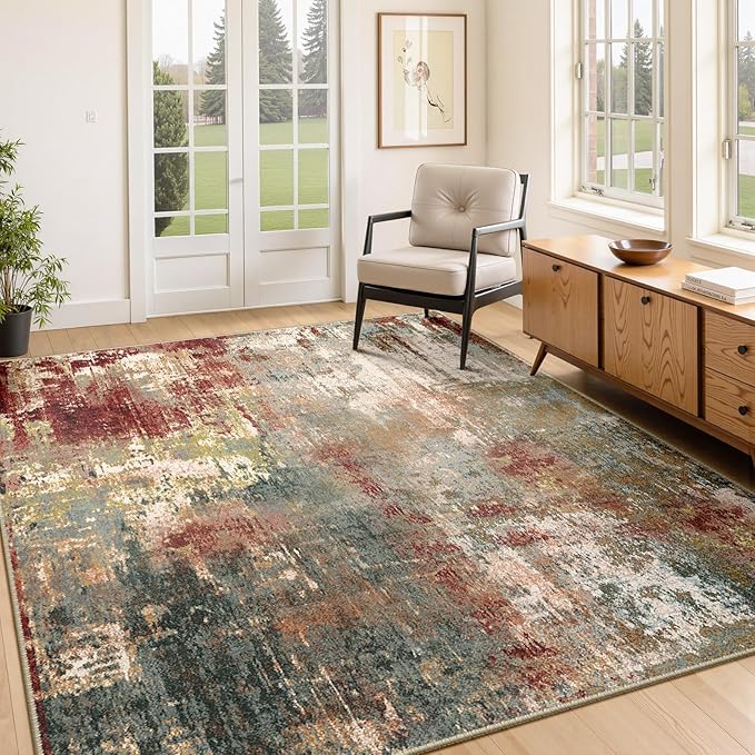 Washable Area Rugs 4'x5' Non-Slip Modern Abstract Soft for Living Room Entryway Bedroom Nursery, Print Pattern, Brown Rust Red Green Blue Multi