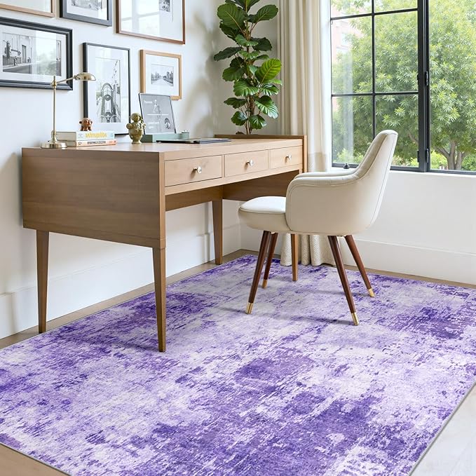 Washable Area Rugs 4'x6' Non-Slip Modern Abstract Soft for Living Room Entryway Bedroom Nursery, Print Pattern, Purple Gray Pink White