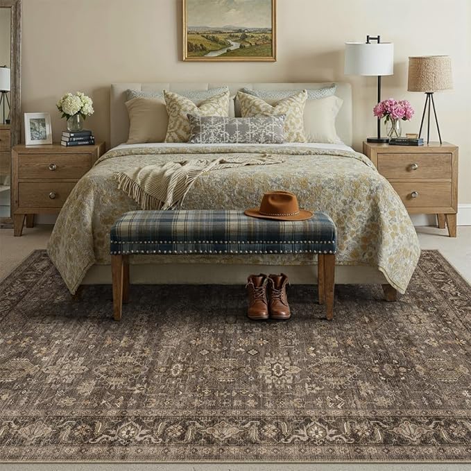 12x15 Washable Area Rug for Living Room Bedroom Vintage Brown Non Slip Carpet Traditional Retro Soft Low Pile Large Throw Rug for Dining Room Kitchen Office Indoor