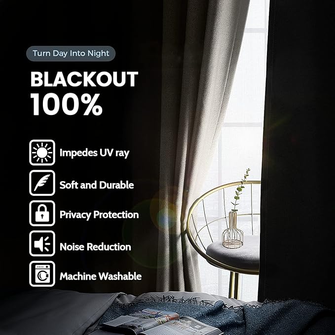 SimpleHome 100% Blackout Curtains for Bedroom,Thermal Insulated Natural Grommet Window Drapes Room Darkening Curtains for Living Room with Black Back,42 x 63 Inch,2 Panels