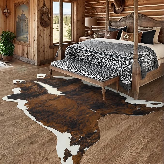AROGAN Western Decor Faux Fur Cowhide Rug, 6.2x7 Feet Premium Animal Skin Cow Hide Rug, Sturdy Cow Print Rugs for Wall Decor, Western Floor Carpet for Bedroom Living Room, Black and Brown