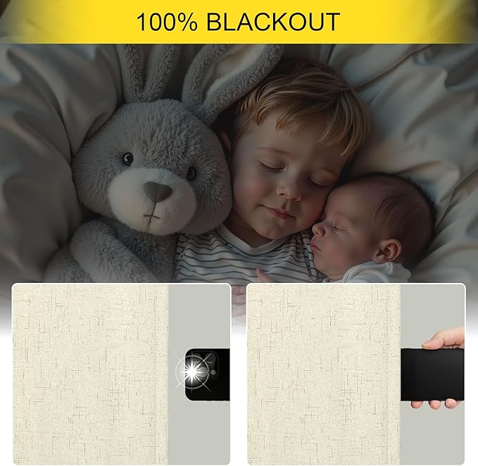 Cream Beige Blackout Curtains 90 Inches Long Thick Linen Patio Curtains for Sliding Glass Doors Cute Black Out Curtain for Nursery Bedroom Aesthetic Back Tab Pocket Pleated Drape 2 Panels 52x90 Length
