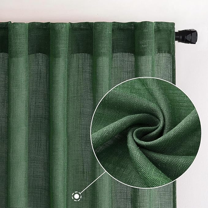 MIULEE Emerald Green Linen Curtains 72 Inch Length for Bedroom Living Room, Soft Thick Linen Textured Window Drapes Semi Sheer Light Filtering Back Tab Rod Pocket Burlap Look Christmas Decor, 2 Panels