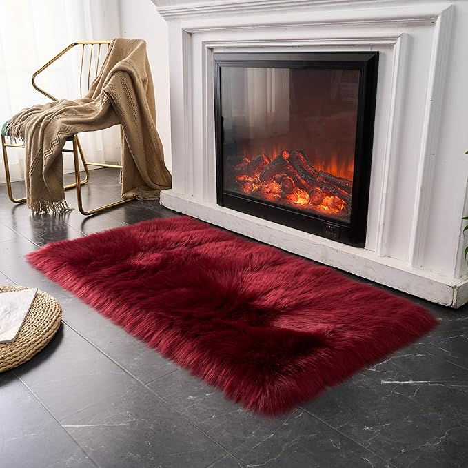 EasyJoy Ultra Soft Fluffy Shaggy Area Rug Faux Fur Rug Chair Cover Seat Pad Fuzzy Area Rug for Bedroom Floor Sofa Living Room (2 x 4 ft Rectangle, Burgundy)