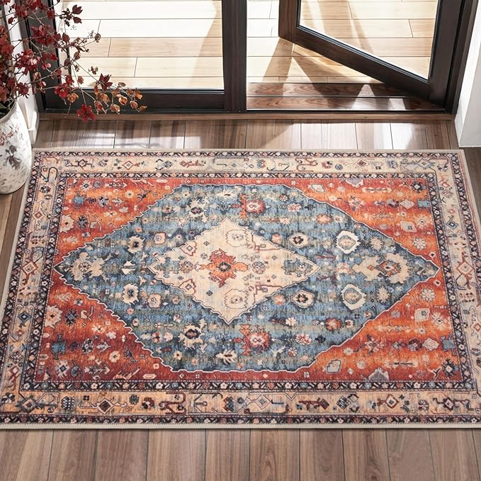 SERISSA Boho Rugs for Entryway, 2x3 Tribal Entryway Rug Non-Slip Washable Small Area Rug, Ultra Soft Oriental Vintage Low-Pile Indoor Door Mat Floor Carpet for Entrance Bedroom Kitchen Bathroom