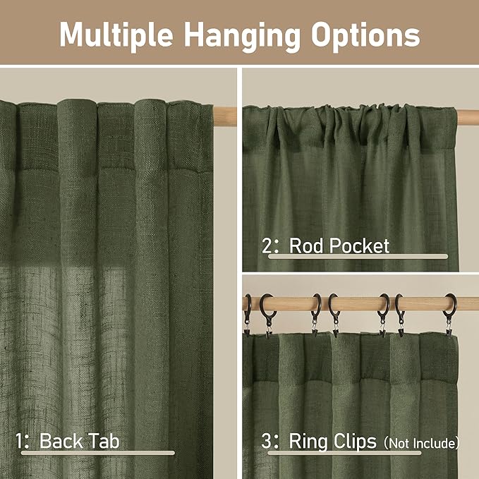 LAMIT 45 Inch Short Window Linen Curtains, Light Filtering Panels Back Tab and Rod Pocket Christmas Decor Drapes for Cafe/Bathroom/Loft Room, Olive Green, 2 Panels, 34 x 45 Inch