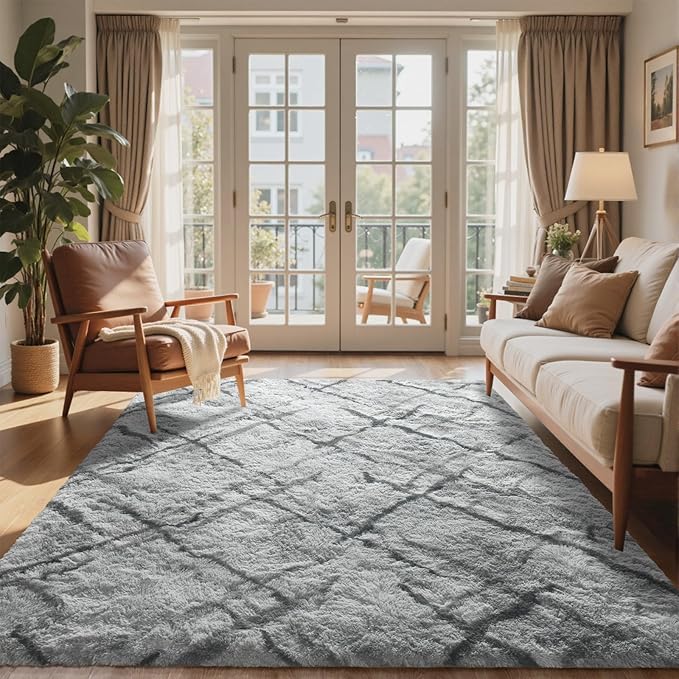 8x10 Ft Extra Large Shag Rugs for Living Room, Tie Dyed Ultra Soft Fluffy Furry Area Rugs for Bedroom Indoor Floor, Aesthetic Carpet for Kids Home Decor (Grey)