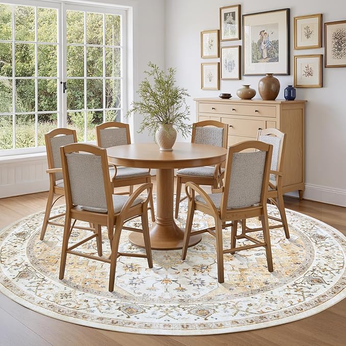 AMADA HOMEFURNISHING Round 8ft Area Rugs, Low-Profile Washable Rug with Non-Slip Backing & Durable Edge Binding, Vintage Rugs for Living Room, Bedroom, Dinning Room