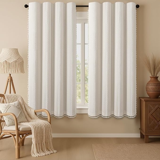 Boho 80% Blackout Curtains with Gray Liner 63 Inches Long 2 Panels Set, Beige Linen Blend Drapes with Tassels and Cotton Embroidered for Living Room Bedroom