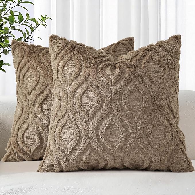 decorUhome Throw Pillow Covers 22x22 Inch Set of 2, Soft Plush Faux Wool Light Brown Solid Couch Pillow Covers, Accent Euro Sham Farmhouse Neutral Square Pillow Cases for Sofa Bed Living Room