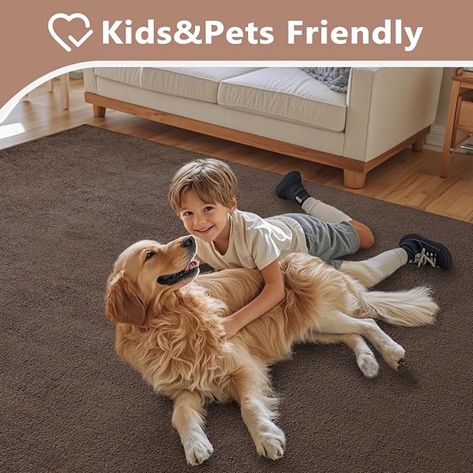 FinRèc 5x7 Washable Area Rugs for Bedroom Living Room, Low Pile Thin Rug Solid Color, Non-Slip Carpet Indoor for Home Decor (Pure Brown)