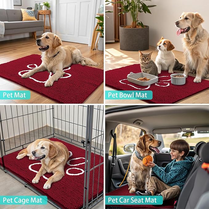 Smiry Dog Door Mat for Muddy Paws, Absorbent Dirt Trapper Non Slip Quick Dry Washable Chenille Mat for Mud Dogs, Entry Rug for Indoor and Outdoor (30x20 Inches, Red and White)