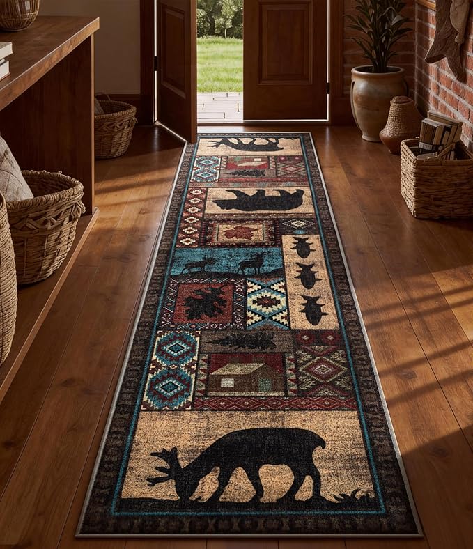 Rustic Cabin Runner Rug 2x8 Indoor Door Mat - Bear Non-Slip Entryway Runner Rug, Low Pile Tribal Print for Kitchen, Bedroom