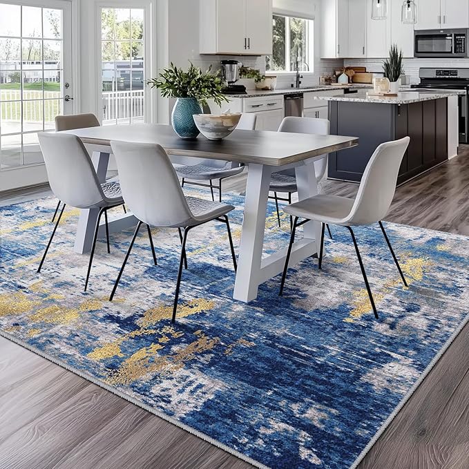Washable Area Rugs 6'x8' Non-Slip Modern Abstract Soft for Living Room Entryway Bedroom Nursery, Print Pattern, Grey Blue Gold/Golden