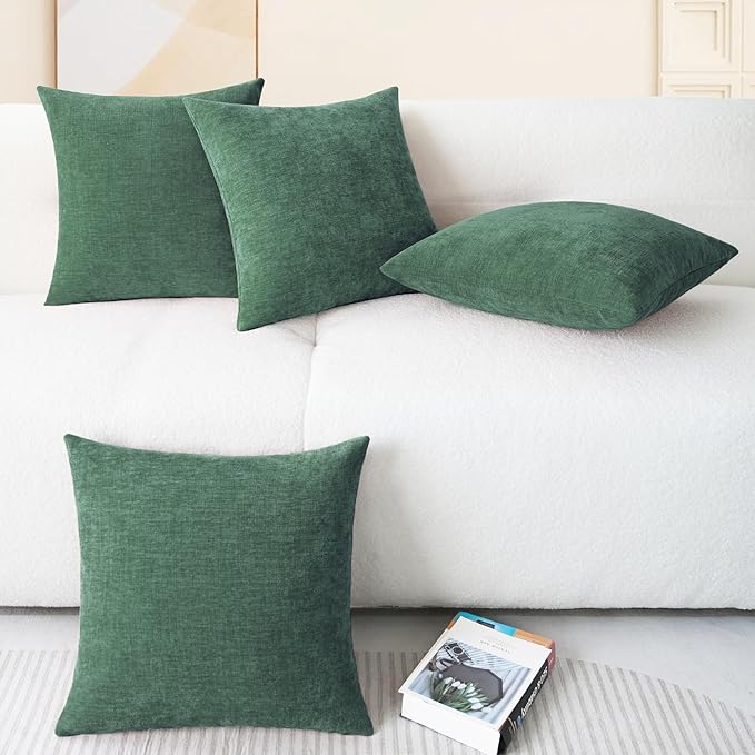 CaliTime Christmas Throw Pillow Covers Decorative 18 X 18 Inches Pack of 4 Cozy Chenille Cushion Cases for Couch Sofa Bed Living Room Home Dark Green