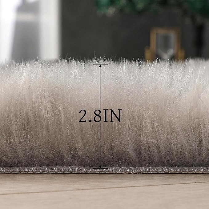 linmopm Faux Fur Rug Sheepskin Shag Fluffy Fuzzy Grey 3x3 ft Rugs for Bedroom Bedside Bed Floor Living Room Plush Round High-Density Cushion Carpet Super Sofa Cover