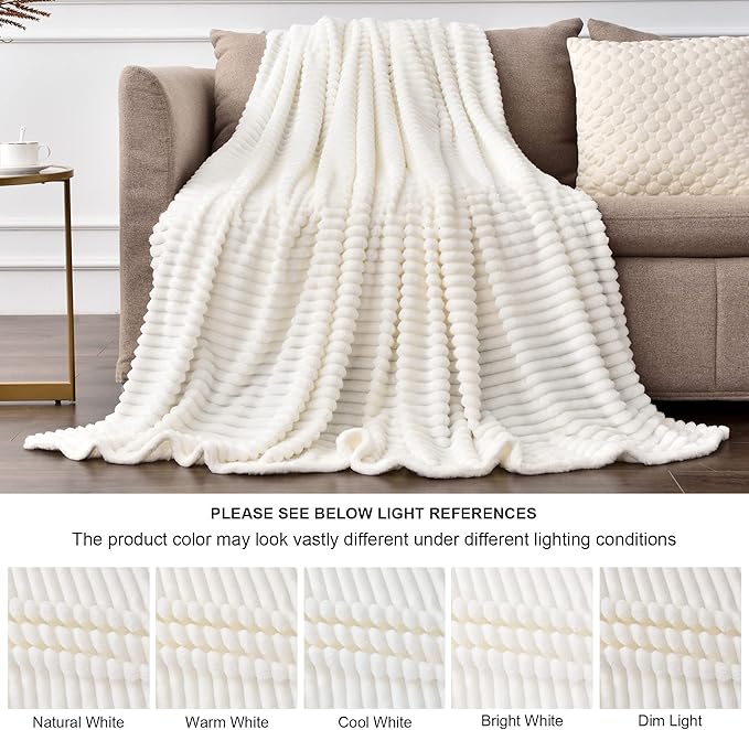 BEDELITE Fleece Blanket King Size – 3D Ribbed Jacquard Soft and Warm Decorative Fuzzy Blankets – Cozy, Fluffy, Plush Lightweight Throw Blankets for Couch, Bed, Sofa(Off White, 108x90 inches)