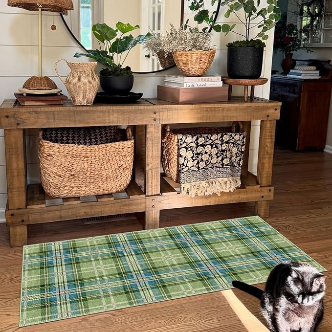 Front Door Mat Indoor Entrance - 2x4.3 Ft Buffalo Washable Layered Doormat Outdoor Entrance Porch Rug Non-Slip Green Teal Plaid Tartan Runner Rug for Kitchen Bedroom Laundry Room Porch Decor
